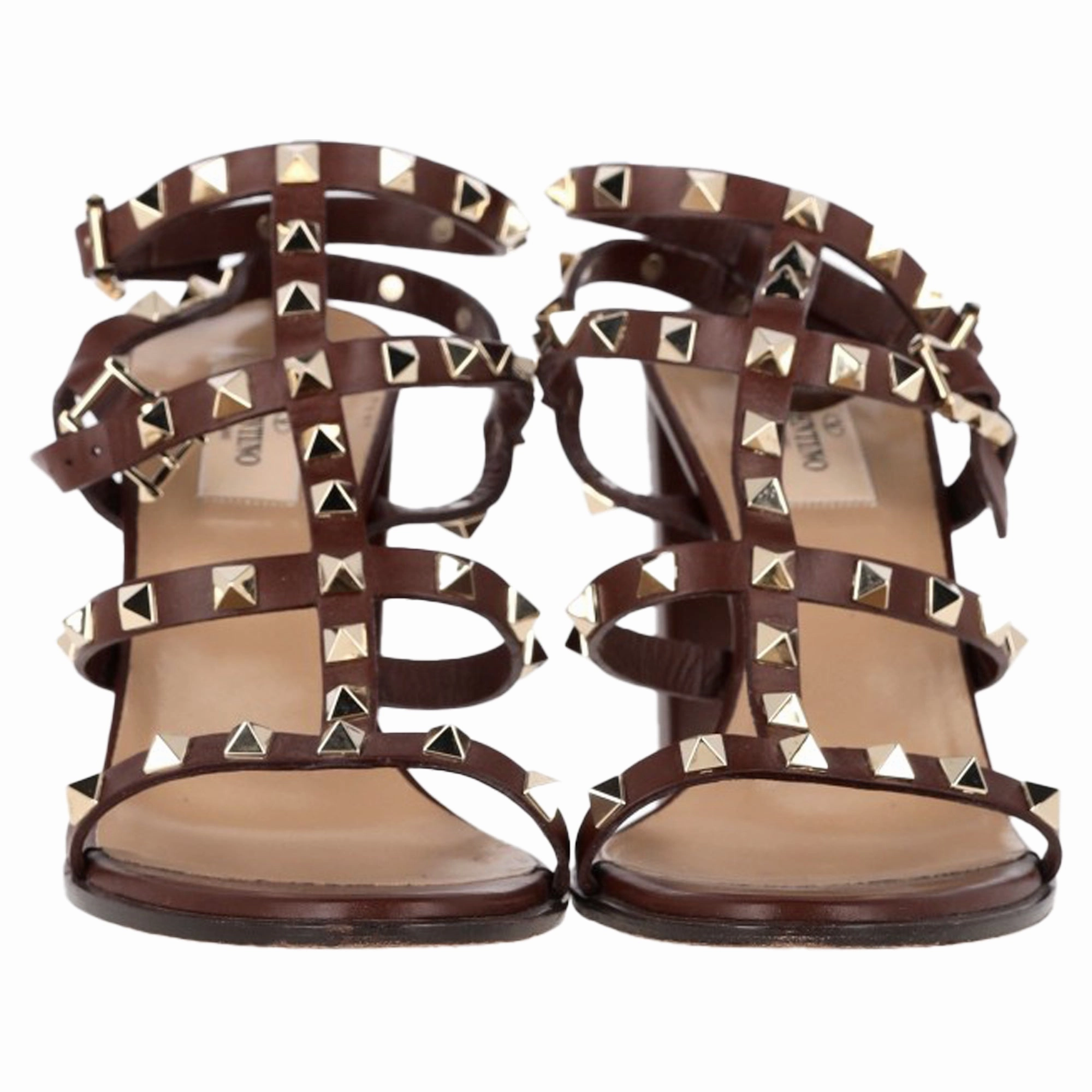 Valentino Rockstud Block-Heel Sandals in Burgundy Leather
